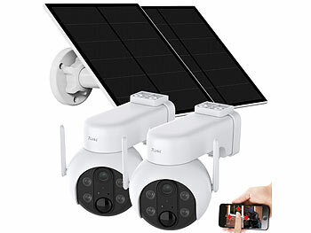 WLAN Kamera Akku: 7links 2er-Set Außen-Solar-Überwachungskameras, 2K, Akkus, Pan-Tilt, WLAN,App 