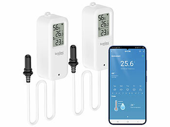 WLAN Thermometer innen: Luminea Home Control 2er-Set WLAN-Temperatur-/Luftfeuchtigkeitsmesser, innen/außen, App