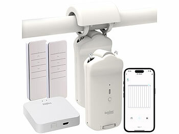 Vorhang-Fernbedienung: Luminea Home Control 2er-Set Smarter 3in1-Vorhangmotor, Akku, Fernbed., App + WLAN-Gateway 