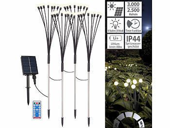 LED-Solarleuchte Garten: Lunartec 4er-Set Solar-Glühwürmchen-Gartenlichter, 32 LEDs, 8 Modi, 65cm, Timer