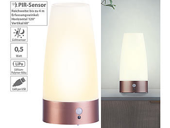 LED Akku Lampe: Lunartec LED-Akku-Tischlampe mit PIR-Bewegungs-Sensor, USB, warmweiß, rund