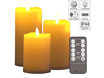 Flackerlicht: Britesta 3er-Set flackernde LED-Kerzen, dimmbar, 3 Größen, Fernbedienung, IP44