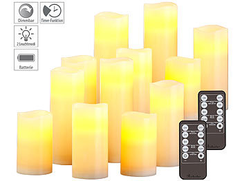 LED-Kerzen-Set mit Timer: Britesta 12er-Set dimmbare LED-Echtwachskerzen mit Fernbedienung, in 5 Größen