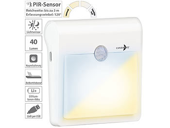 Nachtlicht mit Sensor: Lunartec Akku-LED-Nachtlicht, Bewegungs- & Lichtsensor, warmweiß/kaltweiß, 40lm