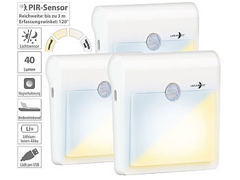 LED-Treppenlicht mit Bewegungssensor akkubetrieben: Lunartec 3er-Set-Akku-LED-Nachtlicht, Bewegungs- & Lichtsensor, 40lm