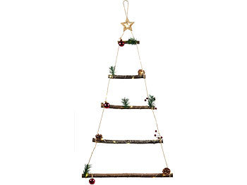 infactory Deko-Holzleiter mit 30 LEDs, Weihnachtsbaum-Form zum Aufhängen, 60 cm