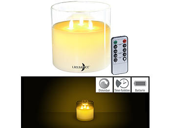 LED Echtwachskerzen: Lunartec LED-Echtwachs-Kerze im Windglas, 3 bewegliche Flammen, Fernbedienung