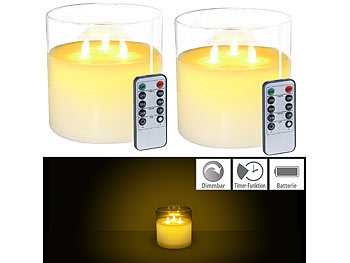 Dimmbare LED-Kerzen: Lunartec 2er-Set LED-Echtwachs-Kerzen im Windglas mit Fernbedienung