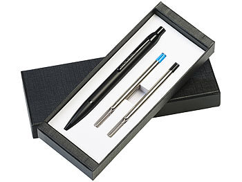 PEARL Pen: Hochwertiger Druck-Kugelschreiber in Geschenkbox mit 4  Ersatzminen (Schreibset)