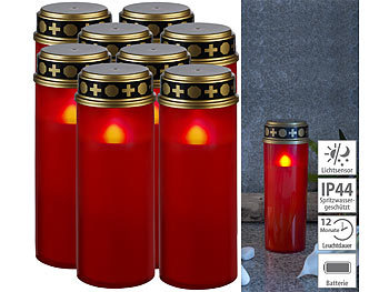 LED-Kerzen für Friedhof: PEARL 8er-Set XL-LED-Grablichter, Lichtsensor, Batteriebetrieb, 21 cm, rot