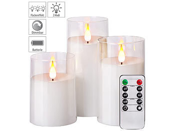 flammlose Kerzen: Britesta 3er-Set LED-Echtwachskerzen in transparenten Acrylgläsern, 3 Größen
