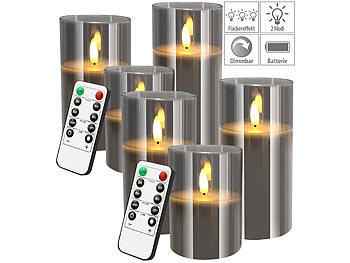 Echtwachs-LED-Kerzen: Britesta 6er-Set LED-Echtwachskerzen in grauen Acrylgläsern, 3 Größen