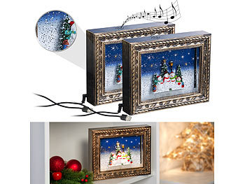 Standbilder: infactory 2er-Set Weihnachts-Bilderrahmen mit LEDs, Schneewirbel, Musik und Time