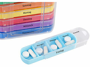 newgen medicals 2er-Set bunte Medikamenten-Boxen für 7 Tage, je 4 Fächer, beschriftet
