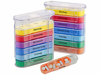 Tablettenbox: newgen medicals 2er-Set bunte Medikamenten-Boxen für 7 Tage, je 4 Fächer, beschriftet