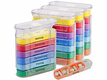 Medikamentenbox: newgen medicals 4er-Set bunte Medikamenten-Boxen für 7 Tage, je 4 Fächer, beschriftet