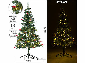 LED Baum: infactory Weihnachtsbaum mit roten Beeren, 180 cm, 364 Zweige, 240 LEDs
