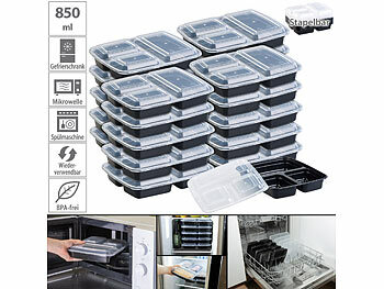 Bento-Lunchbox: Rosenstein & Söhne 21er-Set Lebensmittel-Boxen mit je 3 Trennfächern und Deckeln, 850 ml