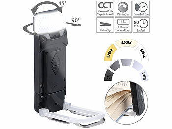 Akku-betriebene Buch-Leseleuchte: PEARL Akku-LED-Leselampe mit Clip, 3 Weiß-Stufen (CCT), dimmbar, schwarz
