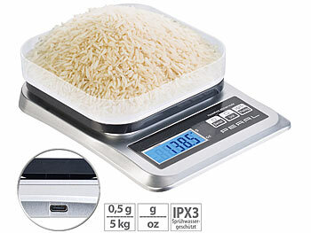 Küchenwaage USB: PEARL Digitale Akku-Küchenwaage bis 5 kg, mit großem Display und Mess-Schale