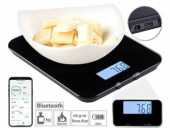 Akku-Küchenwaage: Rosenstein & Söhne Smarte Küchenwaage mit Kalorienzähler, Nährwertrechner, App, 1 g genau