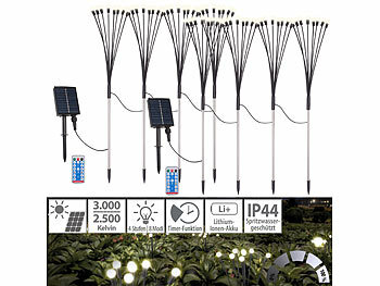 Solar-Beleuchtung außen: Lunartec 2x 4er-Set Solar-Glühwürmchen-Gartenlichter, 64 LEDs, 8 Modi, 65 cm