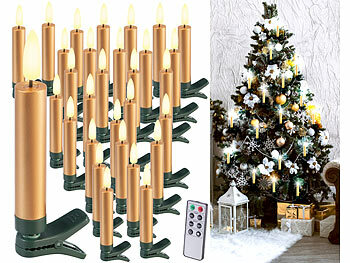 LED-Weihnachtsbaum-Kerze: Lunartec 30er-Set LED-Weihnachtsbaumkerzen mit Dochten und Flammen-Effekt, gold