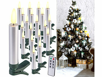 Baumschmuck: Lunartec 20er-Set LED-Weihnachtsbaumkerzen mit Dochten und Flammen-Effe, silber 