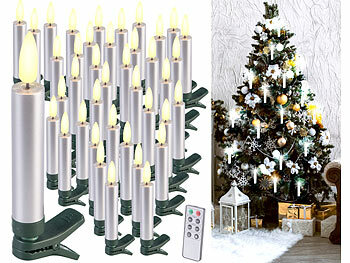 Weihnachtsbaumbeleuchtung: Lunartec 40er-Set LED-Weihnachtsbaumkerzen mit Dochten und Flammen-Effe, silber