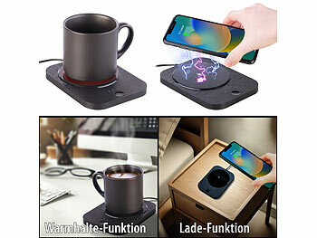 Tassenwärmer kabellos: PEARL 2in1-USB-Tassenwärmer mit Qi-kompatibler Ladestation, 15W, bis 55 °C