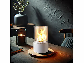 Kamin: Lescars Bio-Ethanol-Tischkamin mit Deko-Steinen und 2 Brennkammern, weiß