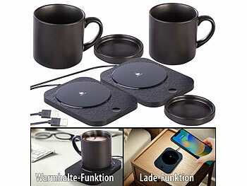 Tassenwärmer mit Tasse: PEARL 2er-Set 2in1-USB-Tassenwärmer m. Qi-kompatibler Ladestation, 15W