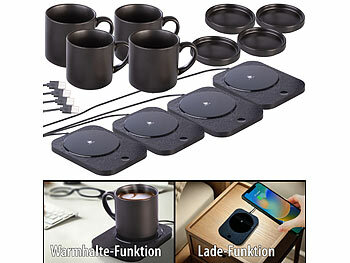 Tassenwärmer elektrisch: PEARL 4er-Set 2in1-USB-Tassenwärmer m. Qi-kompatibler Ladestation, 15W