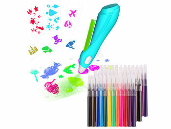 Airbrush Set Kinder: infactory Airbrush-Stift für Kinder, 48 Farben zum Sprühen, 30 Schablonen, USB