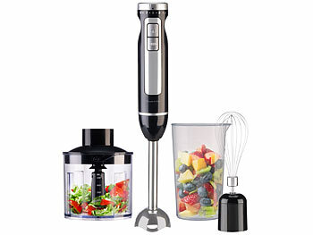 Pürierstab: Rosenstein & Söhne 4in1-Stabmixer, Edelstahl, stufenlos, Turbo, 16.000 U/Min., 1.000 Watt 