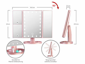 Sichler Beauty 2er-Set Falt-Schminkspiegel mit Beleuchtung, 3x/2x/1x-Vergrößerung