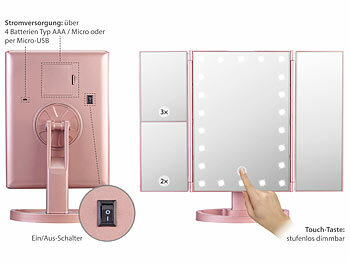 Sichler Beauty 2er-Set Falt-Schminkspiegel mit Beleuchtung, 3x/2x/1x-Vergrößerung