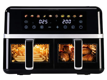 Fritteuse: Rosenstein & Söhne Dual-Heißluftfritteuse, 2 Schubladen mit Sichtfenster, 10 Programme