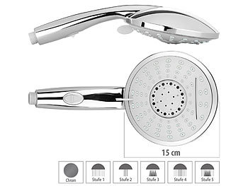 Dusche: BadeStern XL-Duschkopf mit Wasserstopp-Taste & 5 Strahlarten, Edelstahl-Schlauch
