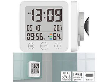 Baduhr: infactory Digital-Badezimmer-Uhr, Thermo-/Hygrometer, LCD, Saugnapf, Timer, IP54