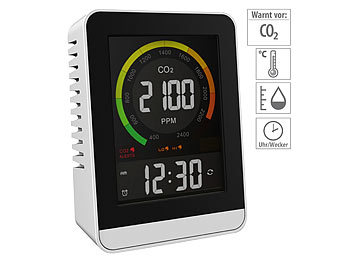 Co2 Messer: infactory Digitales CO2-Messgerät mit Temperatur, Luftfeuchtigkeit, Uhr & Wecker