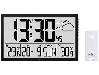 infactory Funk-Wanduhr mit Jumbo-LCD-Display, Wetterstation und Außensensor
