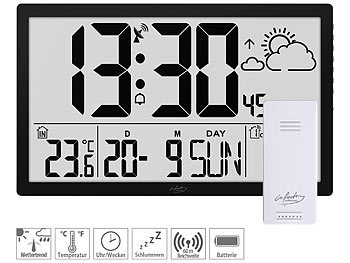 XXL Wanduhr Digital: infactory Funk-Wanduhr mit Jumbo-LCD-Display, Wetterstation und Außensensor