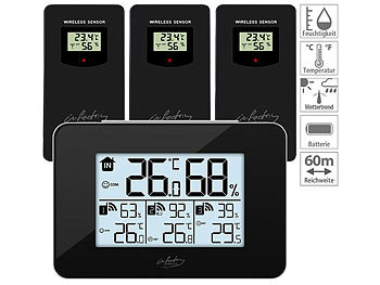 Temperaturstation: infactory Funk-Wetterstation mit 3 Funksensoren für innen & außen, LCD-Display