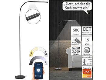 Stehlampen: Luminea Home Control Smarte WLAN-Stehleuchte, CCT-LEDs, Schwanenhals, dimmbar, App, schwarz