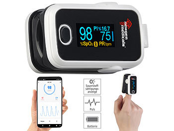 Pulsometer: newgen medicals Medizinischer Finger-Pulsoximeter mit OLED-Farbdisplay, Bluetooth, App