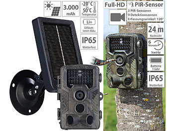 Wildkamera Nachtsicht: VisorTech Full-HD-Wildkamera mit 3 PIR-Sensoren, inkl. Akku-Solarpanel