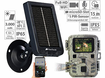 Wildkamera mit App: VisorTech WLAN-2K-Wildkamera mit Akku-Solarpanel, PIR, Nachtsicht, 3.000 mAh
