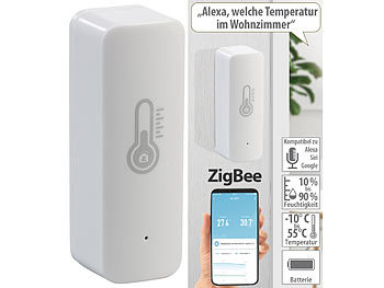 ZigBee Thermometer: Luminea Home Control ZigBee-Temperatur- & Luftfeuchtigkeits-Sensor mit App, Sprachsteuerung