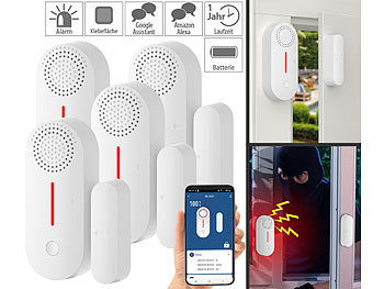 WiFi-Türsensor: VisorTech 4er-Set 2in1-WLAN-Tür- & Fensteralarm, Sirene, App und Sprachsteuerung